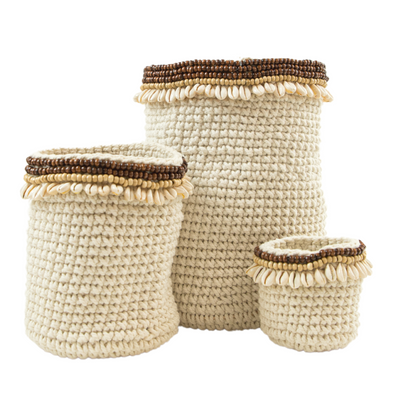Crochet 3 piece basket with wooden beads & shell (BSHSET1079)