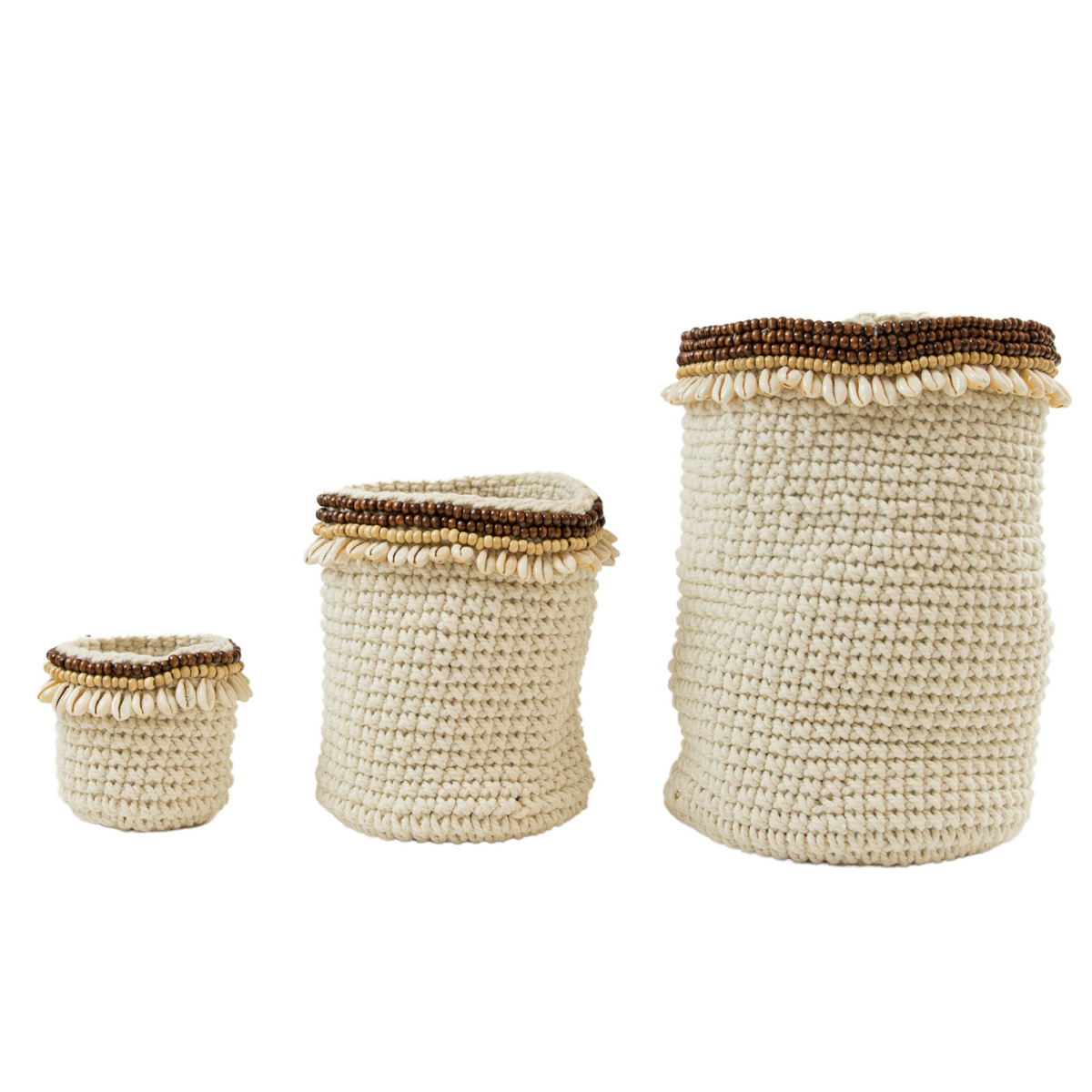 Crochet 3 piece basket with wooden beads & shell (BSHSET1079)